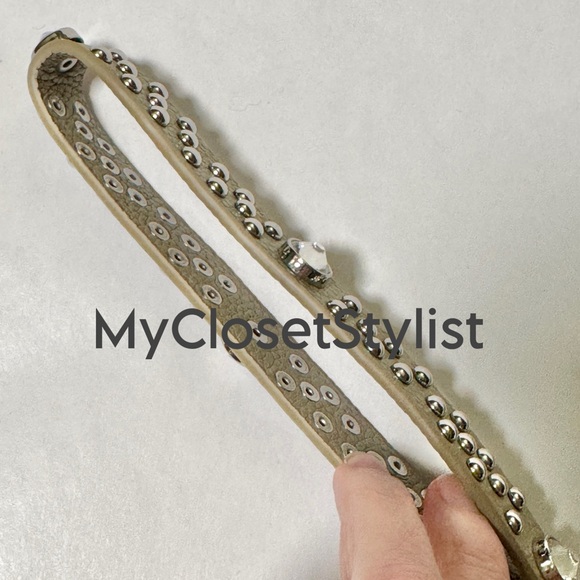NWT BANDOLIER Crystal Studded Statement Wrist Strap NEW! silver greige leather - Picture 5 of 6